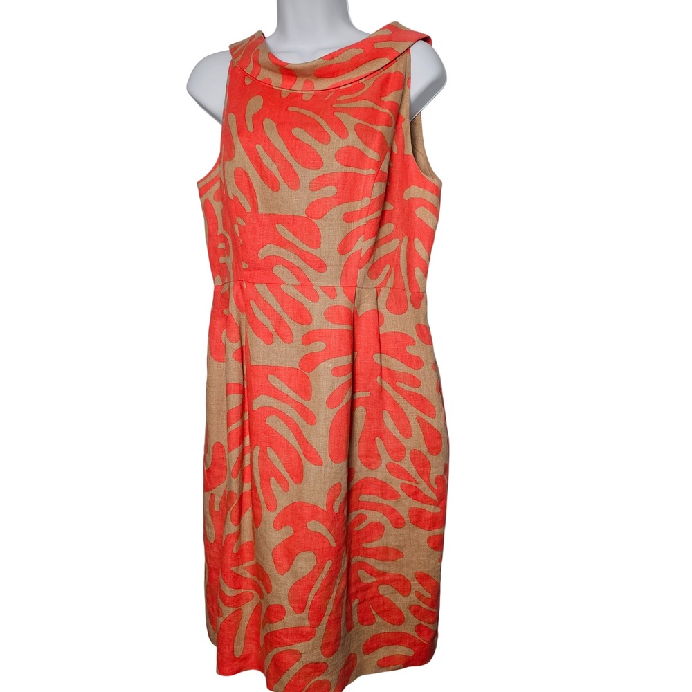Donna Morgan Womens Linen Abstract Print Sheath Dress 8 Tan Coral Tropical Mod